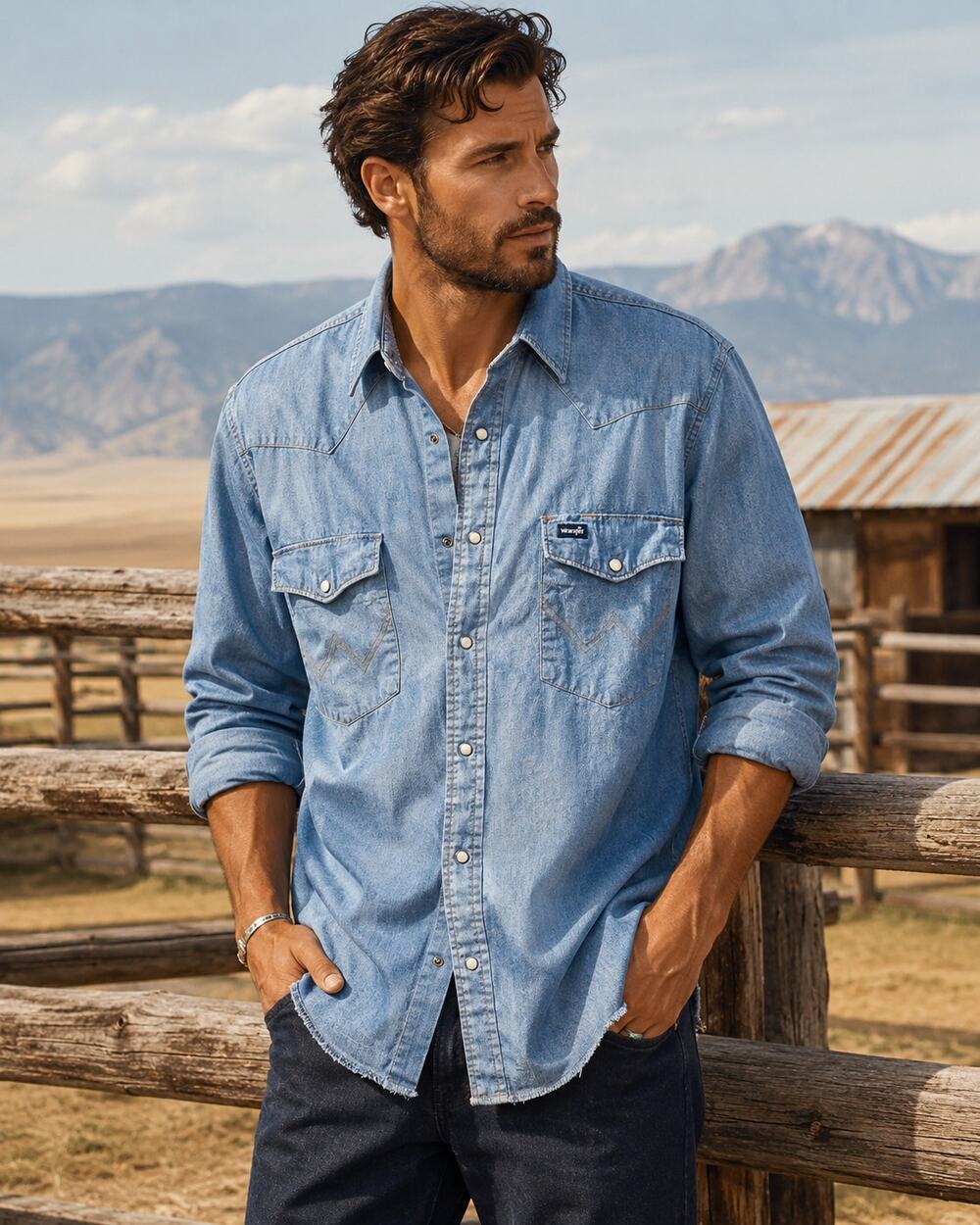 Wrangler Men's XL Blue Western Pearl Snap Shirt  Long Sleeve Cowboy Chambray